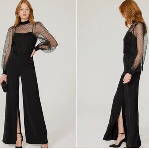Black Halo Rosalie Jumpsuit Wide-Leg Sheer-Sleeve Black Size 10 *FLAW*